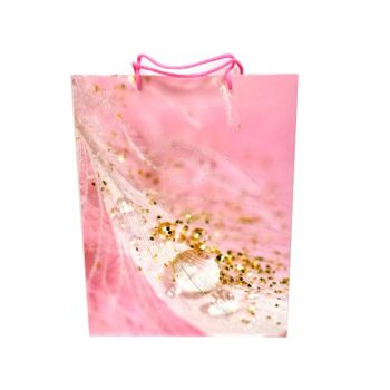 Пакет подарочный перо с капелькой розовый фон 31*40см