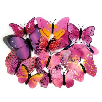 Бабочки декоративные розовые пластиковые 3D на магните - 12шт