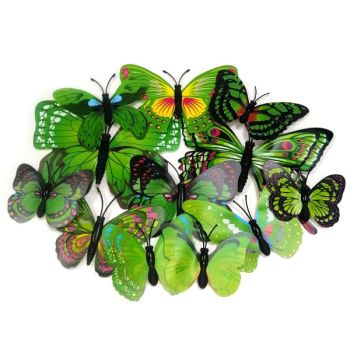 Бабочки декоративные зелёные пластиковые 3D на магните - 12шт