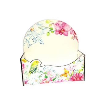 Ящик подарочный (ящик для цветов) деревянный белый с цветами и птицей 18*7,2*18см