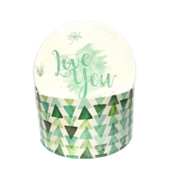 Коробка подарочная круглая зелёные треугольники с надписью «Love you» 26*14см