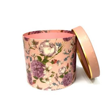 Коробка подарочная круглая розовая с цветами 17,5*15см