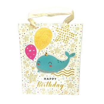 Пакет подарочный с китом в колпачке 3D «Happy Birthday» 26*32см