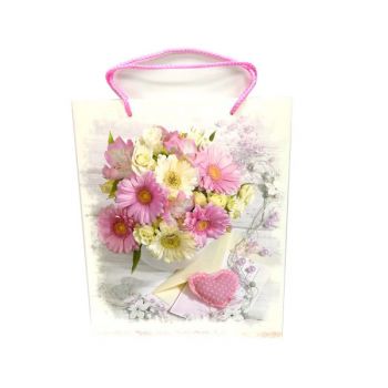 Пакет подарочный розовые и жёлтые цветы в вазе 26*32см