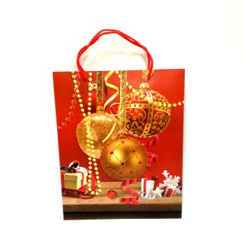Пакет подарочный золотые ёлочные шары на красном фоне 26*32см